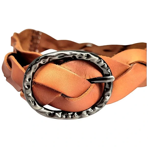 Vintage Bohemian Brown Braided Leather Black‎ Metal Buckle Belt