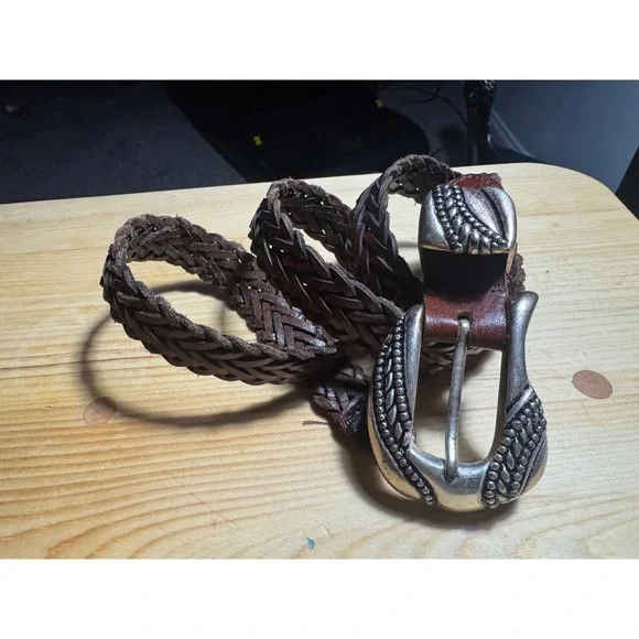 Argentina Vtg women's Belt Silver tone Engraved Buckle Boho Braided Leather  34