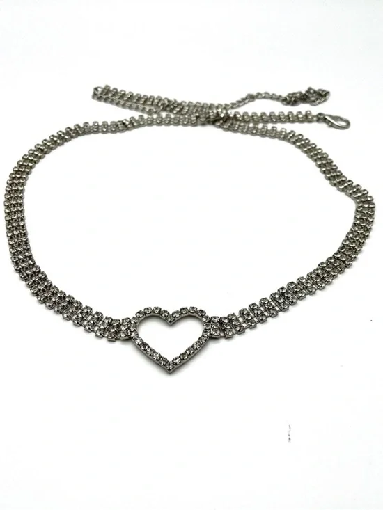 Belt Heart Shaped Silver Adjustable 3 Rows of Rhinestones 42
