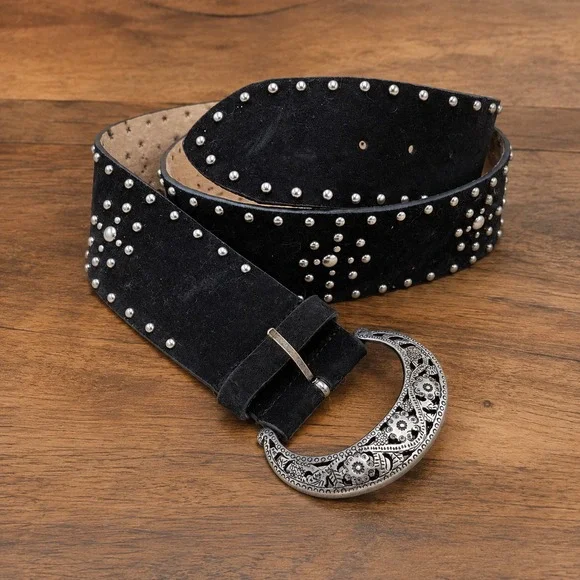 Black Suede Leather Studded Ornate Crescent Moon Floral Buckle Boho Western L