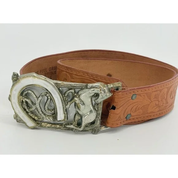 Vintage Tooled Leather Belt with Faux Mother of Pearl Horse Shoe Buckle Size 28