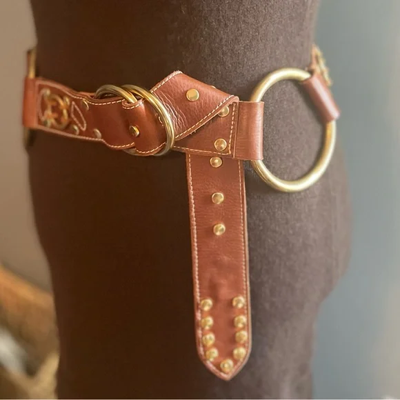 Coco Bianco Brown Leather Gold-Accent Ring Belt