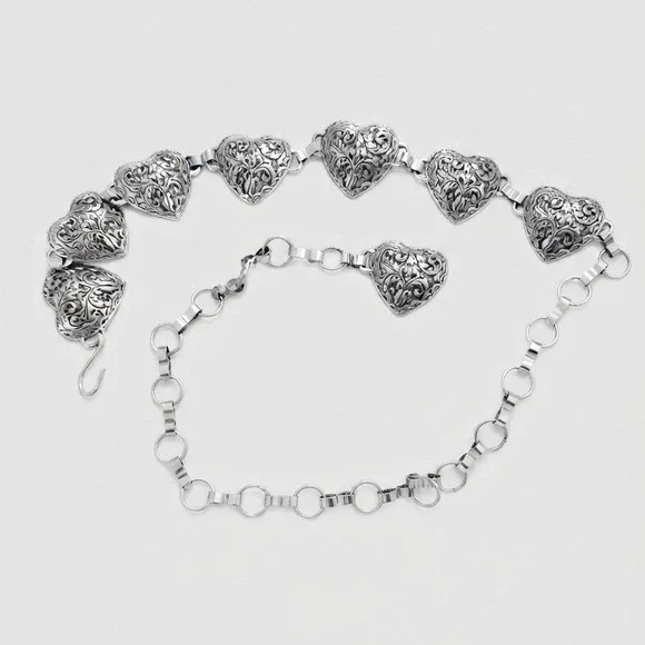 Vintage Silver Tone Heart Chain Belt Ornate Filigree Floral Adjustable M/L