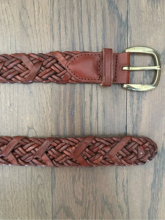 Vintage Talbots Braided Leather Belt Solid Brass Square Buckle Warm Brown Large