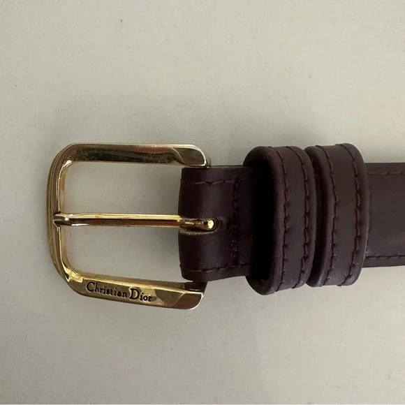 Christian Dior Leather Belt with Gold Tone Buckle in Burgundy Size 28 / Small