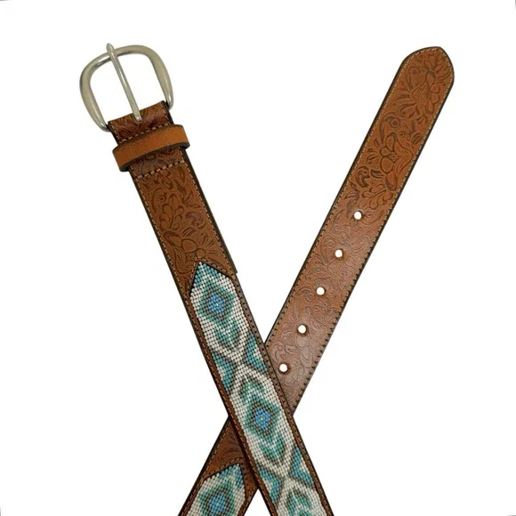 Lucky Brand Women's Small Western Brown Beaded Strap Genuine‎ Leather Belt NWT