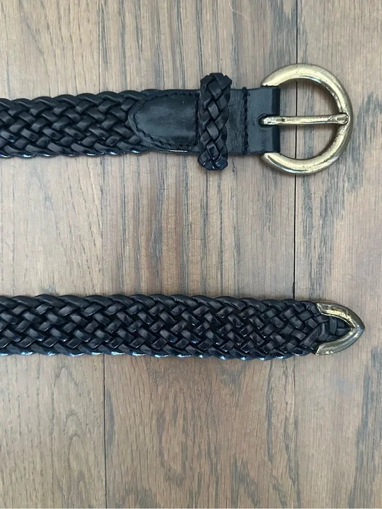 Vintage Talbots Narrow Braided Leather Belt Solid Brass Round Buckle Black Large