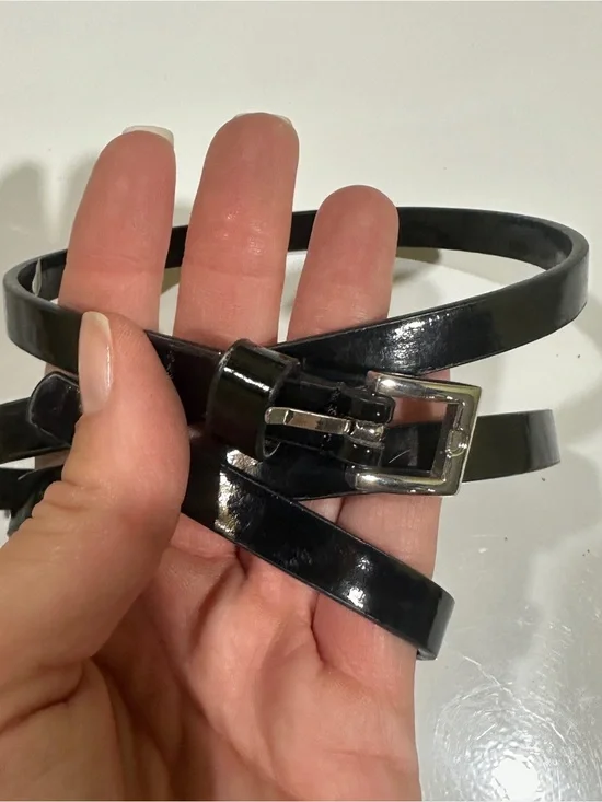 Classic Patent Narrow Black Women’s Belt with Silver Buckle