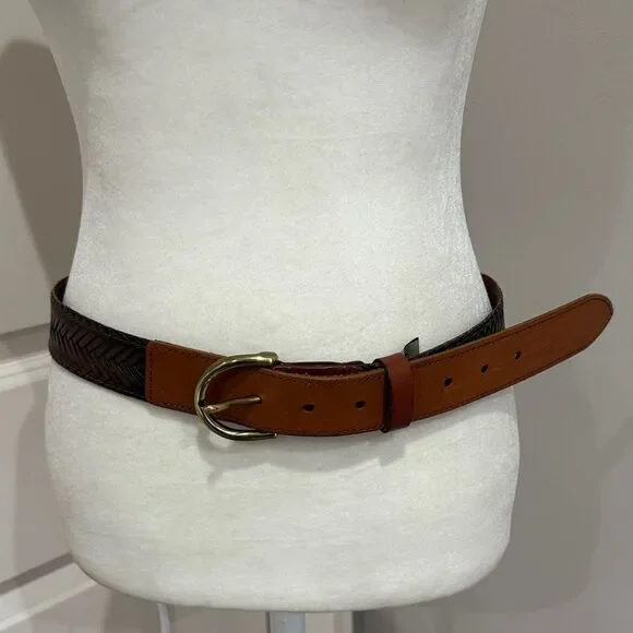 Fossil Two-Tone Leather Belt with Gold Buckle Size Medium