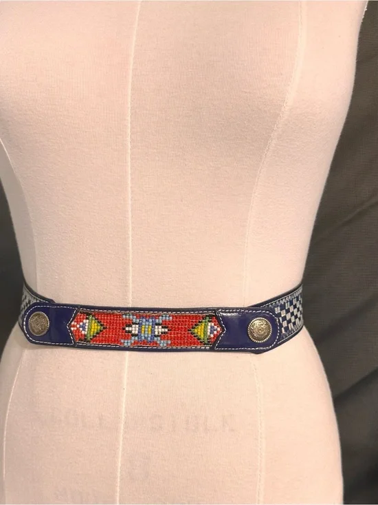 Beaded Southwestern Accent Belt in Navy and Red