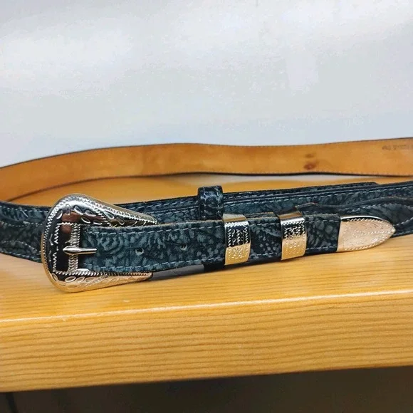 Nocona Western Belt Black &‎ Gray Crackle Leather Split Strap Silver Concho