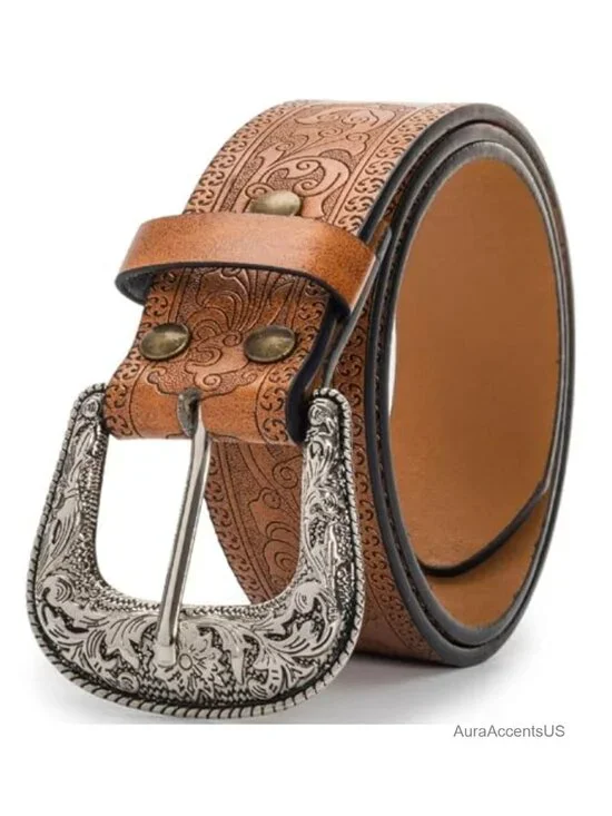 Faux Leather Western Cowgirl Belt with Engraved Buckle for Jeans Dress