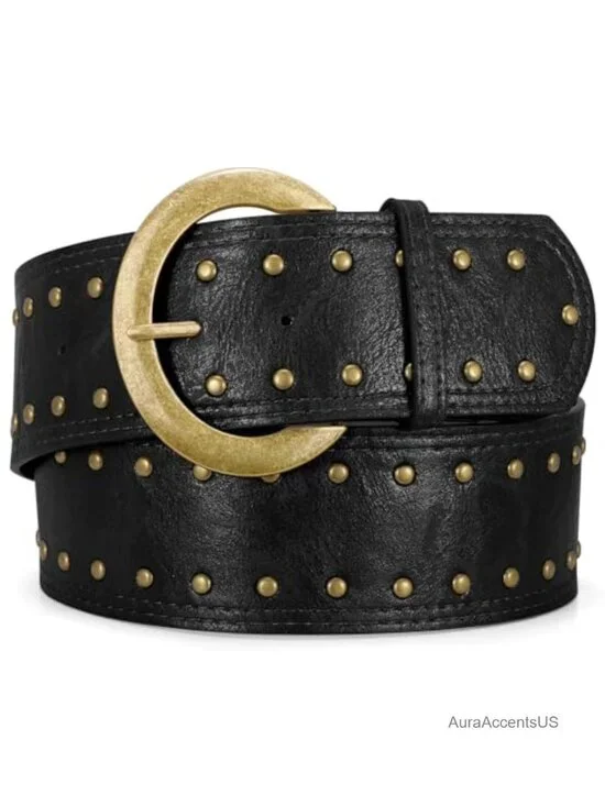 Wide Chunky PU Leather Western Belt for Women with Large Brass Buckle