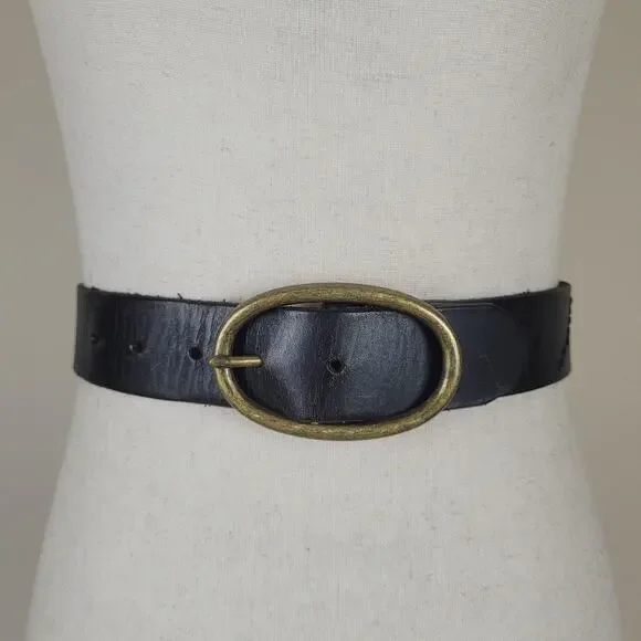 Black Leather Belt XL Oval Buckle Zig Zag Stitch Rustic Utility Utilitarian Boho