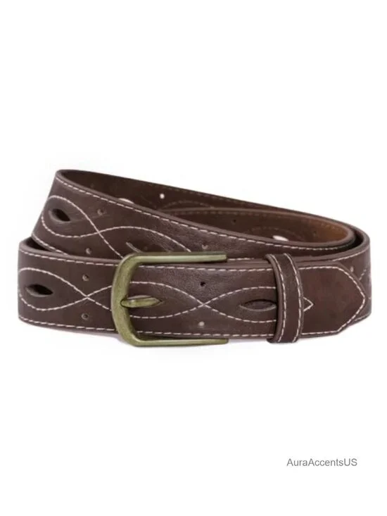Women's Western Faux Leather Belt with Brass Buckle, Hollow-Out Stitching,