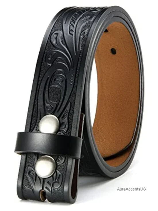 Hand-Tooled Western Leather Belt Unisex Cowboy Snap Buckle