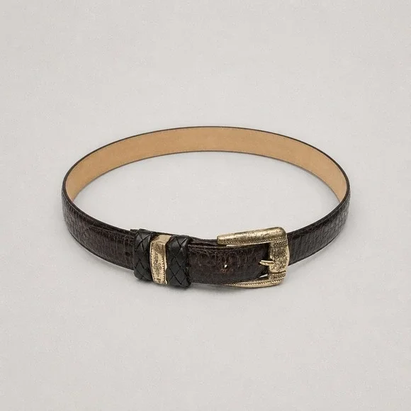 Brighton Womens‎ Dark Brown Croc Embossed Leather Western Belt Silver Buckle Lrg