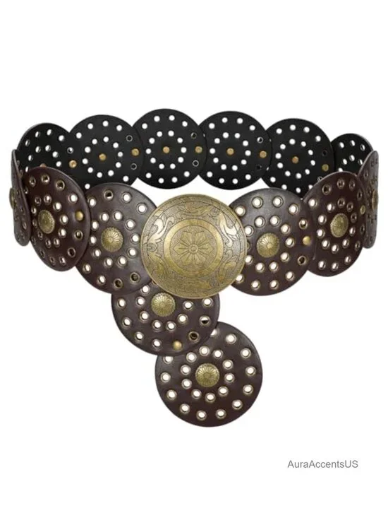 Women's Boho Disc Belt Wide Western Leather Belt Vintage Concho Waist Belts