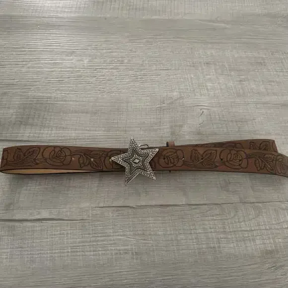 Western Style Brown Floral Embossed Belt with Star Buckle