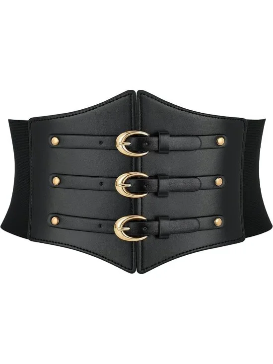 Wide Elastic Corset Belt for Women | Underbust PU Leather Waist Belt with Gold