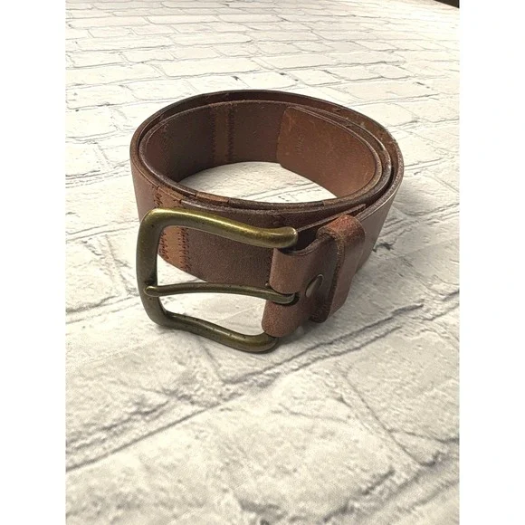 Unbranded Leather Belt Womens 32 Brown Good Patchwork Zigzag Stitch Brass Buckle