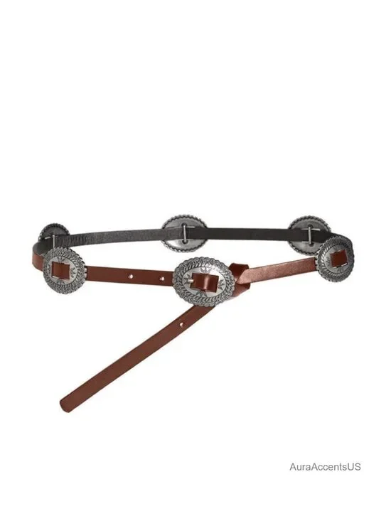 Faux Leather Western Skinny Belt Silver Conchos Cowgirl Country