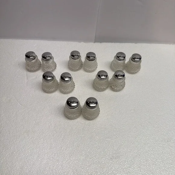 12 - Vintage Miniature Salt Pepper Shaker, Silver Plated Glass Honeycomb Style