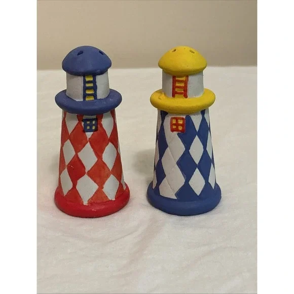 Lighthouse Salt and Pepper Shakers Set Ceramic Nautical Harlequin Decor 3.5in