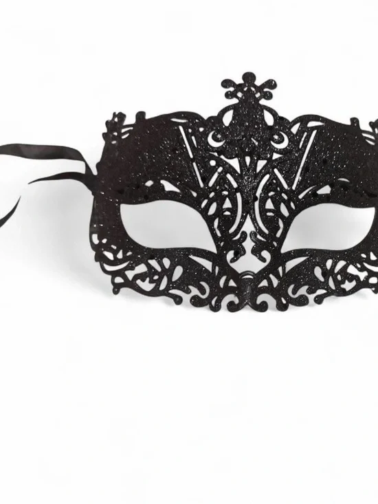 Black Glitter Masquerade Mask with Ornate Filigree Damask Die Cut Design