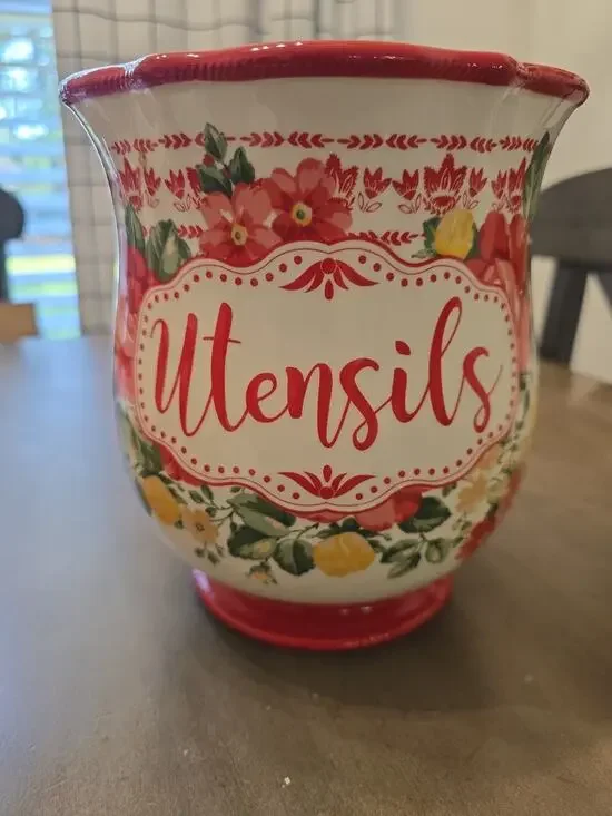 Pioneer Woman Red & White Utensil Holder Floral Stoneware Farmhouse Kitchen