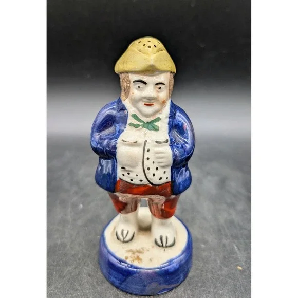 Vintage Staffordshire Salt Sugar Shaker Blue Coat Gentleman Figurine Glazed 4
