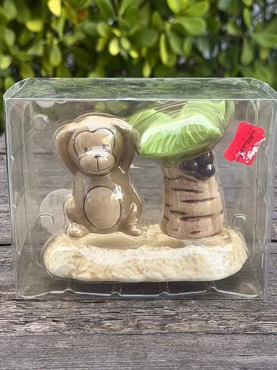 Vintage Ceramic Monkey & Palm Tree Salt & Pepper Shaker Set & Base Target Brand