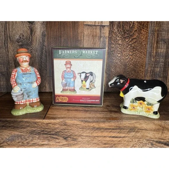 Cracker Barrel Salt Pepper Shakers Farmer‎ Cow Ceramic Farmhouse Country Set