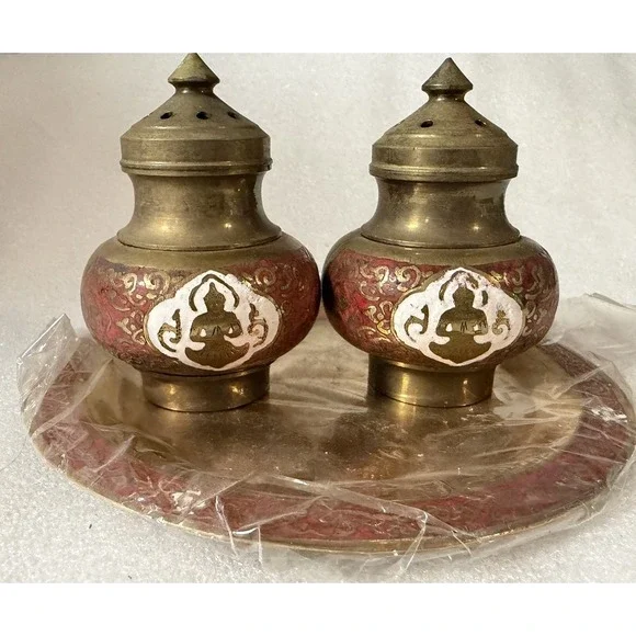 Vintage Siam Thailand Brass Enamel Buddha Salt Pepper Shakers Tray Red