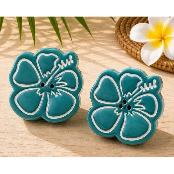 Margaritaville Salt & Pepper Shaker Set Hibiscus Flower Ceramic Tropical NEW