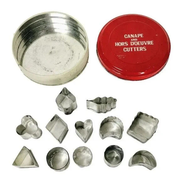 Vintage Farmhouse Canape' And Hors D'oeuvres Metal Cutters in Tin Container NEW