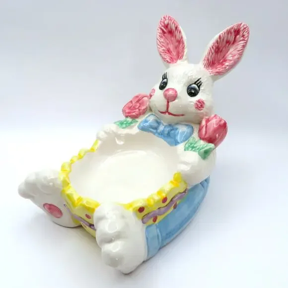 Vintage Hermitage Pottery Easter Bunny Rabbit Spongeware Dish Spring Decor 1997