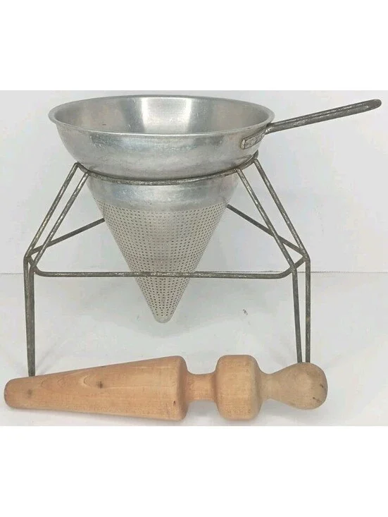 Vtg Wear Ever No 8 Aluminum Cone Colander Strainer Sieve w/ Wood Pestle