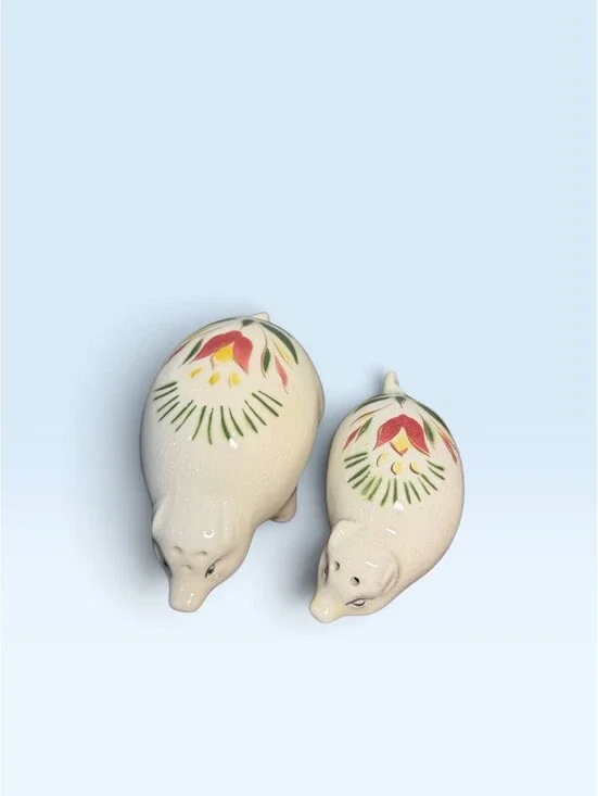 Vintage Ceramic Pig Salt & Pepper Shakers Hand Painted Mom & Baby Piglet Tulips