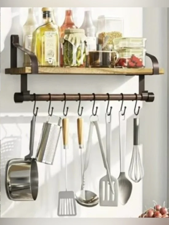 Wall-Mounted Kitchen Shelf with Hanging Utensil Rack - Oil-Rubbed Bronze