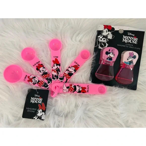 Disney Minnie Mouse Measuring Spoons and Magnetic Bag Clips 2 Pack Pink Set NEW