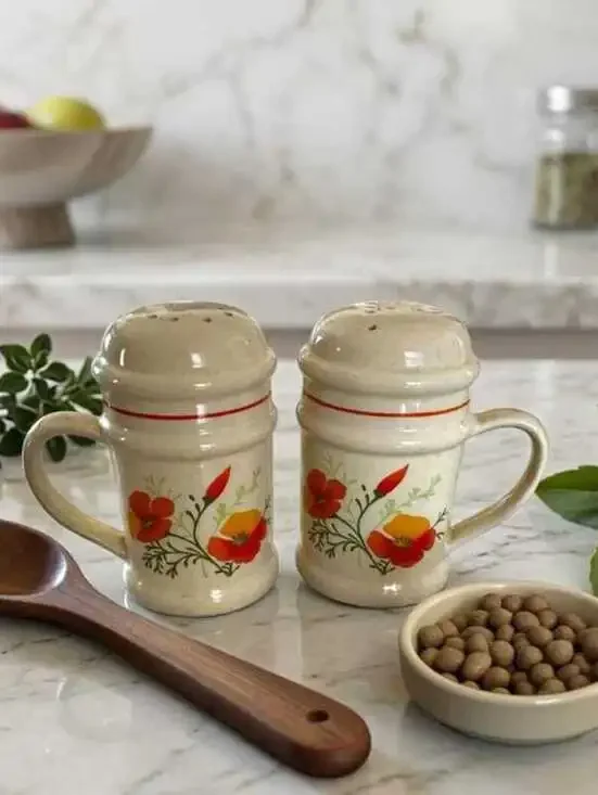 Salt & Pepper Shakers: Vintage California Poppy Stoneware (1970s Boho Style)