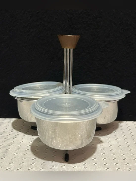 Vintage Stainless Steel Condiment Holder With 3 Bowls & Lids Wood Handle 8