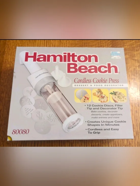 Hamilton Beach 80080 Cordless Cookie Press with Box (Missing 1 Disc & 2 Tips)