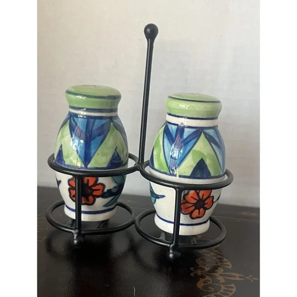 Handpainted Ceramic Salt‎ & Pepper Shaker Set Metal Holder Caddy Green Blue NEW