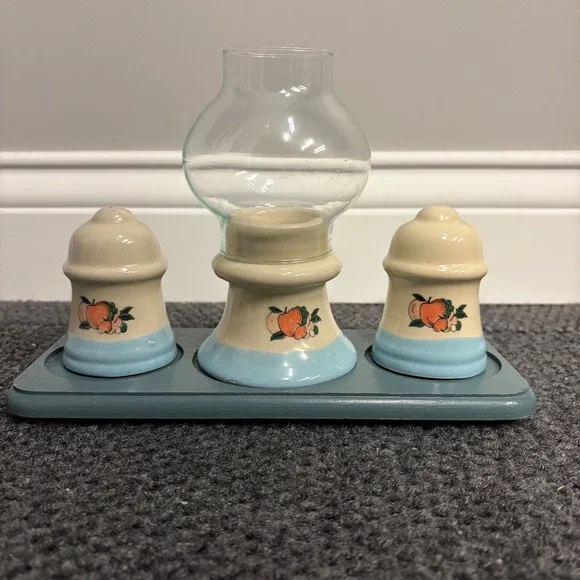 Vintage Peach Ceramic Salt Pepper Shaker Set Hurricane Lamp Candle Holder Tray