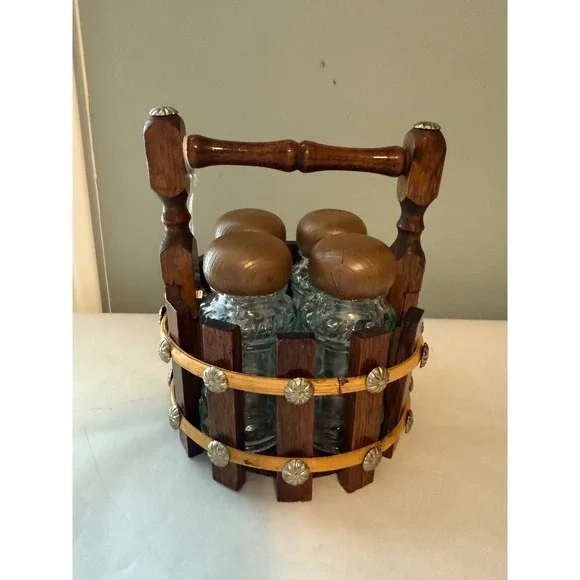 Vintage Wood Caddy Glass‎ Salt and Pepper Shakers Set Country Farmhouse