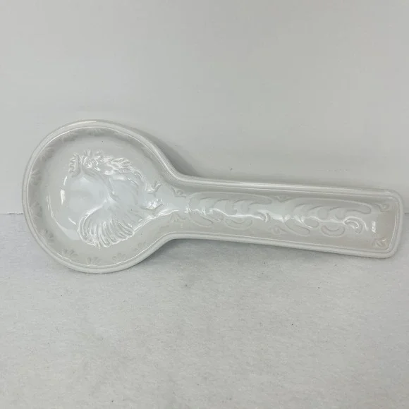 White Ceramic Rooster Spoon Rest Embossed Farmhouse Kitchen Decor 10 Inch