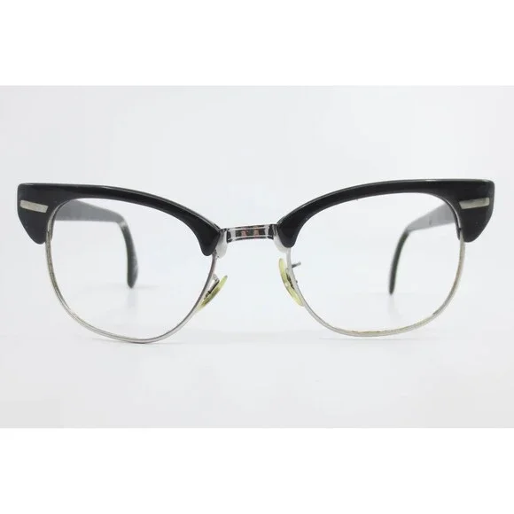 Vintage 1/30 10K RGP Browline Cat Eye Glasses Black Silver 46-20 38333