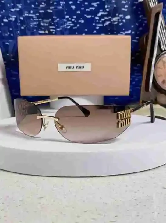 Miu Miu Rimless Gradient Brown Lens Gold Logo Sunglasses